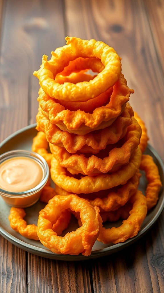 A plate of crispy onion rings with a bowl of dipping sauce on a wooden table.